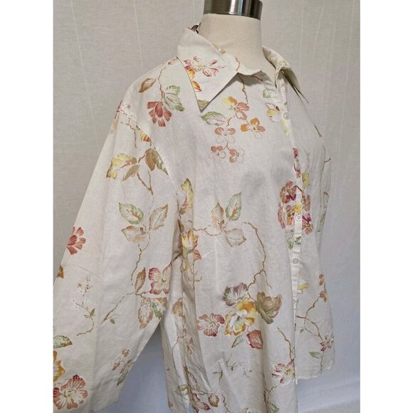 Womens Linen Blend Button Down Shirt Size 2X Harve Benard White Floral Print - Picture 2 of 6
